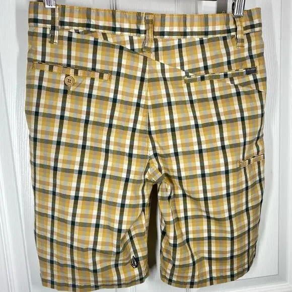 Volcom Frickin Mini Check Stretch Shorts Yellow Gray Plaid Mens Size 30 - Picture 2 of 8